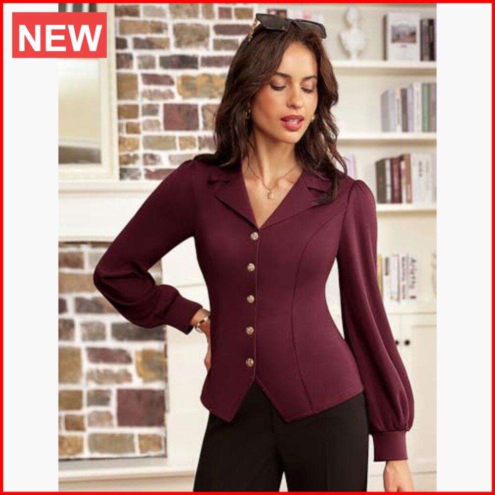 Polyester Blend V-Neck Button Down Blouse with La… - image 6